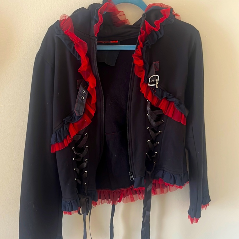 Goth alternative red ruffle kitty corset zip up